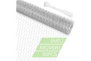 Flintronic Kycklingstråd, 43 cm x 5 m hönsnät rulle, galvaniserad sexkantigt trådstaket med 50 buntband, tråd-fjäderfänät för gör-det-själv-hantverk, trädgård och husdjurskanin