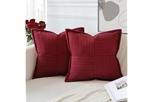Artscope Corduroy Cushion Covers Pack of 2 Modern Patchwork Throw Pillow Covers Soft Pillowcase Broadside Decorative Textured Cushions for Home decor Sofa Bedroom Couch Wine Red 45x45cm