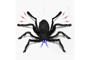 Prextex Animated Spider Halloween Decorations | Giant Scary Dropping Spider w/SpookyNoises & LED Eyes | Halloween Garden & Party Decorations, Battery Operated Animated Haunted House Decor (76cm)