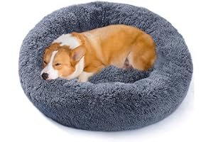 WEASHUME Calming Dog Cat Bed 50/70/85/100 Plush Donut for Large Medium Small Dog Cat Calming Anxiety Relief Fluffy Soft Cuddler Round Pet Nest Orthopedic Relief Anti-Slip Dark Grey 100cm