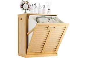 HITNET Tilt Out Laundry Hamper, Bamboo Laundry Cabinet with Hidden Removable Basket, Freestanding Clothes Storage organizer for Bedroom, Bathroom, Living Room, Natural