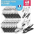 culiclean Clothes Pegs for Washing Line Strong Soft Grip 48 pcs Flower black white white black - Non Slip Heavy Duty Large Plastic Laundry Peg Washing Pegs Secure Grip Rubber Mark Free