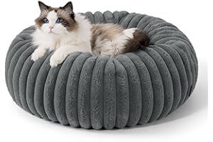 Bedsure Cat Bed for Indoor Cats - 51x51x15 cm Fluffy Cat Donut Bed with Corduroy Fleece & Anti Slip Bottom, Puppy Kitten Beds Washable with Removable Cover, Dark Grey