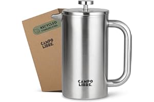 Campo Libre.® Giorgio. French Press, Coffee Press – 600ml Stainless Steel Cafetiere, Double-Wall Insulated, Plastic-Free, Thermal Coffee Maker with Spare Filter – Dishwasher safe - Recycled Steel.