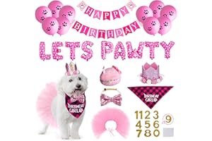 STMK Dog Birthday Outfit, Dog Birthday Bandana Girl with Dog Birthday Number Hat Bowtie Tutu Skirt Cake Toy Lets Pawty Paw Balloons Dog Happy Birthday Banner for Dog Puppy Birthday Party Supplies