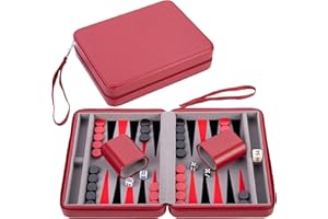 Engelhart – 250500 – Travel Backgammon Set 9-Inch Deluxe with Inlay Felt – Red Zipper Closure (Gray, Black, Red)
