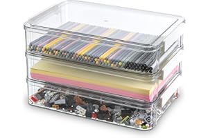 Citylife 3 PCS Plastic Storage Boxes with Lids Portable Case for Drawers, Clear Stackable File Box for Organizing A4 Paper, Letters, Stationery, Documents, Craft, Photo, 34.5 × 23.5 × 6.5 Cm