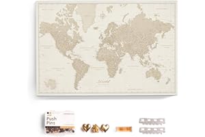 CANVASCALE Canvas World Map with Cork Pin Board - English Lettering - Decorative Wall Decoration for All Rooms - Canvas Pictures with World Map Motif (70x50 cm, Pattern 9)