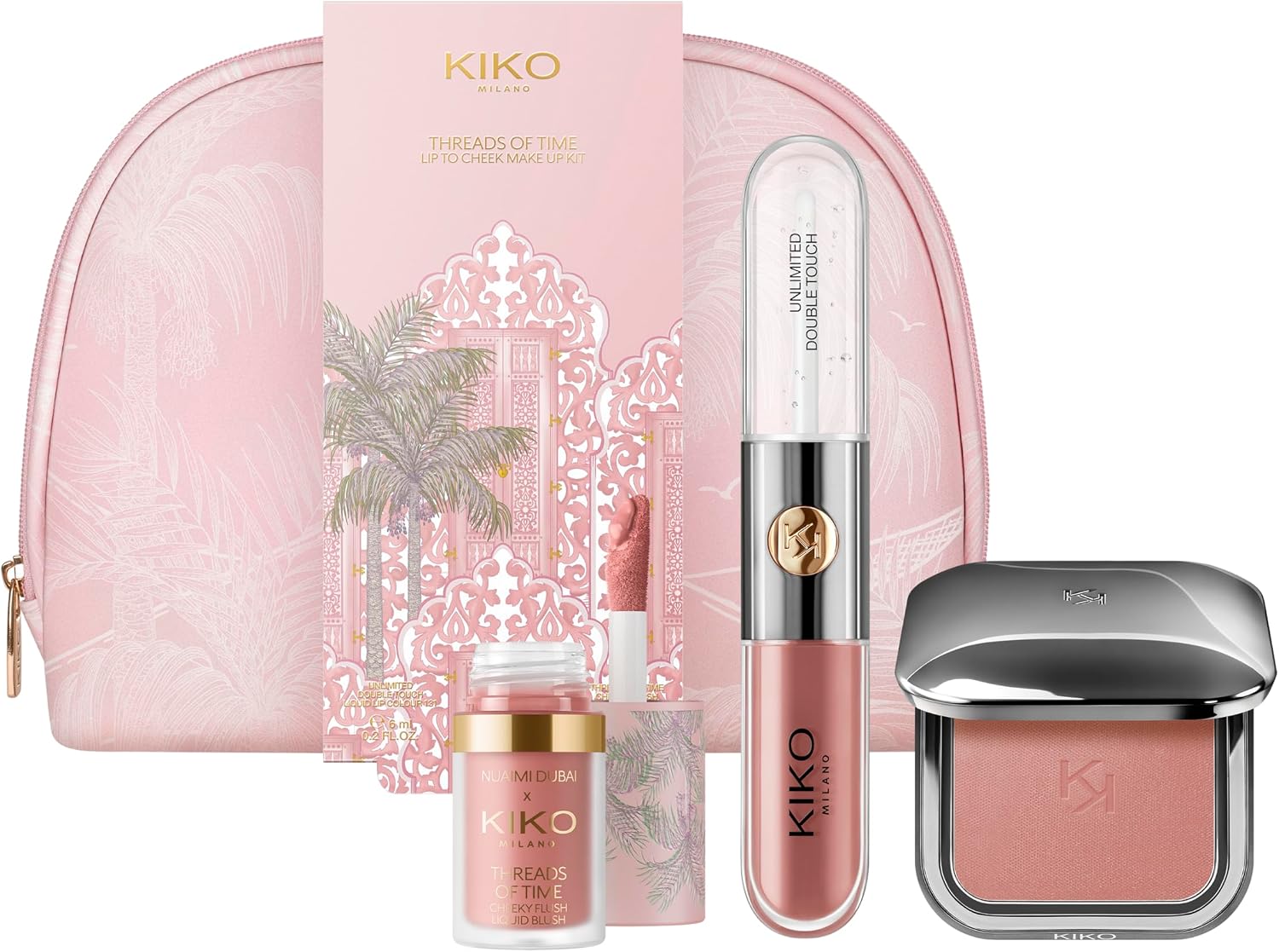 KIKO Milano Threads Of Time Lip To Cheek Make Up Kit, Kit De Maquillaje De Regalo: Labial Y Brillo 2 En 1, Colorete Líquido Y Colorete En Polvo