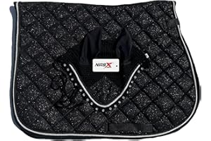 NASX SPORTS Glitter Saddle Pad Shining Shimmer Saddlepad Set with matching Fly Veil Bonnet Set Padded Earnet (COB, Black)