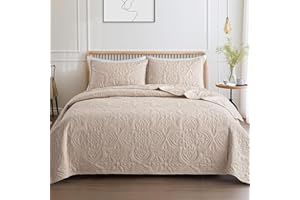 Whale Flotilla Soft King Quilt Bedding Set for All Seasons, Elegant Vintage Damask Ultrasonic Quilts Set, Lightweight Reversible Bedspread, Coverlet, Bed Cover with 2 Pillow Shams, Brich Beige