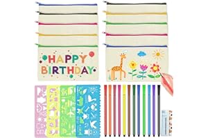 SIMSPEAR 10 Stück Leinwand Federmäppchen zum Bemalen, Stoffbeutel Mäppchen zum Bemalen mit 12 Buntstift, 4 DIY Malschablonen und Haftnotizen für Basteln Kindergeburtstag Kosmetiktasche Aufbewahrung