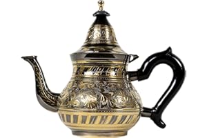 MARRAKESCH ORIENT & MEDITERRAN INTERIOR Théière marocaine en laiton Bakir noir doré 0,8l avec filtre | cafetière orientale avec couvercle et poignée en plastique | Décoration de Salon de Maison en Design indien marocain