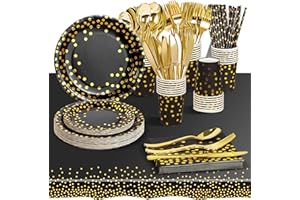 AIPartywar 226 Pcs Piezas Negro Oro Cumpleaños Vajilla de Fiesta, Platos y Vaso Cumpleaños Infantil, Juego de vajilla para Fiestas Platos Vasos Servilletas Cubiertos -25 Invitado