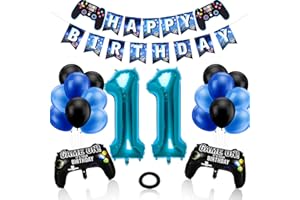 Phoetya Dekorationen zum 11. Geburtstag für Jungen, Gaming-Motto-Geburtstagsparty-Dekorationsset für Gamer, Happy Birthday-Banner, Game-Controller-Luftballons, schwarz-blaue Luftballons für Kinderpart