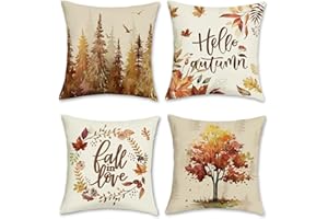 Bonhause Federe per Cuscini Autunno 45 x 45 cm Copricuscini Foglie Alberi Autunnali Poliestere Biancheria Federa per Cuscino Divano Casa Giardino All'aperto Decorazione Set di 4