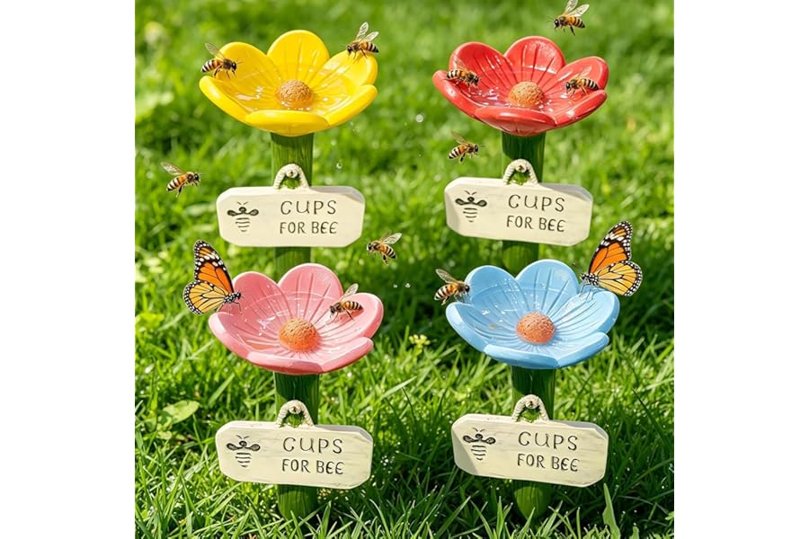 Bee Watering Station, 4Pcs Cups for Bees, Flower Shaped Bee Cups for Garden, Colorful Bee Butterfly Pollinator Drinking Cup Feeders with Stake Base, Outdoor Waterer for Gardens, Yard