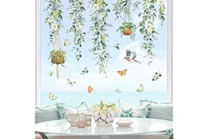 decalmile Pegatinas de Ventana Plantas Hojas Verde Colgantes Vinilos para Ventanas Flores Pájaros Primavera Anticolisión Vinilo No Adhesivo de Pegatinas Vidrio Ventana
