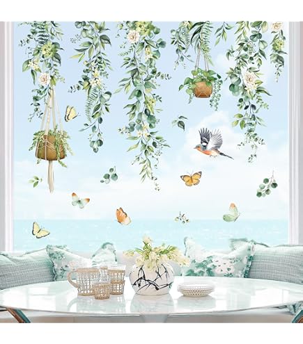 Autocollants Fenêtre Vigne Et Raisins - 114x37cm - Motif Feuilles Vertes Et Grappes Bleu Violet - Statique, Amovible, Réutilisable - Anti-collision Pour Oiseaux - 5
