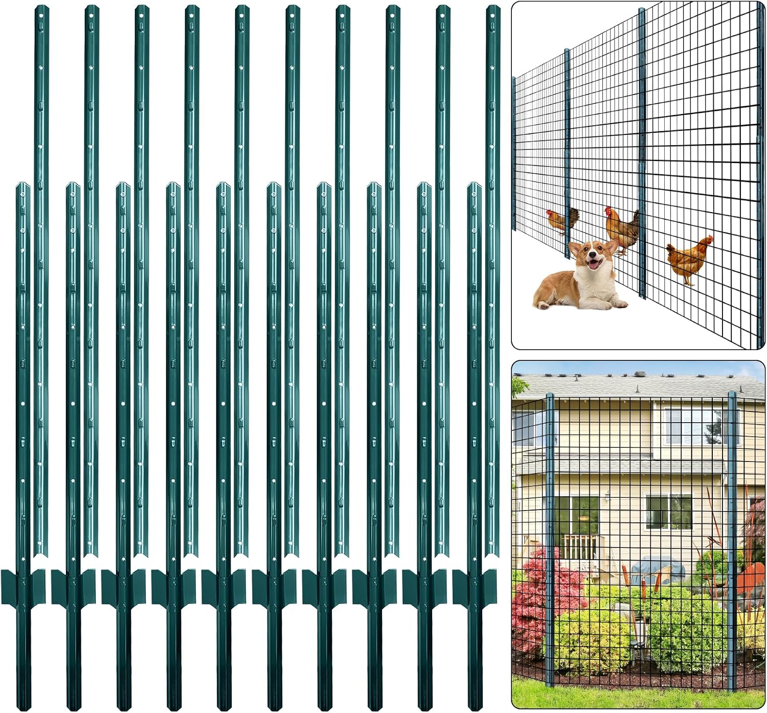 Thealyn Fence Posts 7 ft / 213 cm, Pack of 10 - for 5 ft Wire Fence Mesh, Metal Post with U-Channel, Steel Poles U Post for Garden Wire Mesh Poles for Chicken Wire Mesh