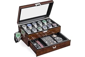 BEWISHOME 12 Uhrenbox mit Tablett Schublade, Luxus-Uhrenbox Herren Uhrenkoffer, Uhrenaufbewahrung mit Echtem Glasdeckel, Metallscharnier, Uhren Aufbewahrungsbox, Uhren Box, Braun, ESSH02Y