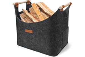 DANXIAN Kosz na drewno kominkowe, bardzo gruba torba filcowa, kosz na drewno kominkowe ze wzmocnionym uchwytem drewnianym, duże torby filcowe, na drewno opałowe, gazety lub zakupy (45 x 32 x 40 cm,