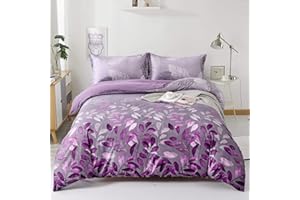 DJY Purple Duvet Cover Double Purple Floral Bedding Set, Reversible Lightweight Leaves Bedding Sets 3pcs with Zipper Closure (Double, 200x200cm)