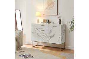 [en.casa] Comò con Anta e 3 Cassetti Armadio Basso Mobile Contenitore per Soggiorno Ingresso con Telaio in Metallo 75 x 100 x 35 cm Dorato/Effetto Marmo Bianco