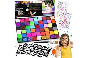 Gigmeta Kinderschminke Set - 54 Gesichtsfarben Kinderschminken Set inkl. professionellen Pinsel, 4 Schablonen, 2 Diamant-Sticker - Ideal für Halloween, Theater & Bodypainting