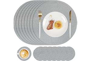 Famibay Placemats and Coasters Set of 8 Round Woven Placemats Washable Heat Resistant Place Mats Grey Table Mats and Coasters for Kitchen Dining Table