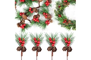 ‎HUANMIN 20pcs Künstliche Tannenzweige Mit Tannenzapfen Und Roten Beeren, 11cm Deko Zweige Weihnachten, Weihnachtszweige Künstlich, Kleine Tannenzweige Deko für Diy Weihnachten Kranz Weihnachtsbaum Deko