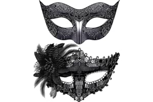 SIQUK 2 Stück Venezianische Masken für Paar - Maskerade für Damen Herren, Halloween, Karneval Party Kostüm, Schwarz