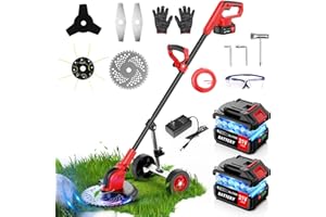 Lacoco 12 Pouces Debroussailleuse Électrique sans Fil 850W avec 2*3.0Ah Batteries 4 Types de Lames Roues Réglable Coupe Bordure à Batterie Coupe-Herbe à Gazon Poignée Télescopique pour Pelouse Jardin