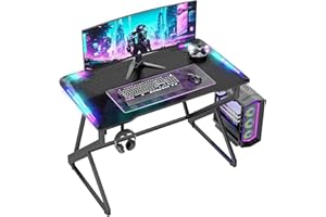 BEXEVUE Gaming Desk with LED Armor, 80x50 cm RGB Computer Desk with Carbon Fiber and Z Frame Design Gaming PC Desk with Head Phone Hook for E-sport Gamer Table, Easy Assemble Home Office desk, Black