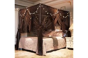 Mengersi Canopy Bed Curtains with Lights,4 Corner Bed Canopy Royal Bed Drapes Netting,Princess Bed Curtains for Girls Adults Bedroom Decor(Coffee, Full)