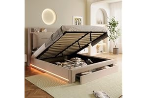 Rtopsu Letto Imbottito Letto Matrimoniale 160x200 cm con Illuminazione LED, Letto con Cassetti Contenitore e Testata, Struttura Letto con Doghe in Legno, Velluto, Beige, Senza Materasso