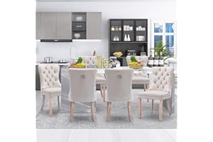 SoarFlash Ensemble de 6 Chaises de Salle à Manger en Velours, avec Dossier à Ailes tapissé, piquetage à Boutons, Garniture rivetée, Anneau décoratif de Dossier et Jambes en Bois, Beige