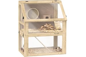 PawHut Wooden Hamster Cage, 3 Tier Gerbil Cage with Detachable 32cm Deep Bottom, Hut, Seesaw, Exercise Wheel, Ramps, Natural Wood Finish