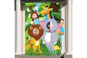 DPKOW Giungla Animali Striscione Foto Props per Feste di Bambini Compleanno, Divertenti Faccia in Buco Gioco Decorazioni Photo Booth Accessori Addobbi
