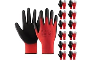 Velway 12 Pairs Safety Work Gloves - Firm Grip Gardening Gloves Non-Slip PU Coated Lightweight Breathable Protective Mechanic Builders Working Gloves Men Women for General Duty Work Red (Size 9/L)