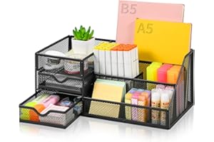 Marbrasse Organiseur de Bureau en Maille avec Tiroirs,Organisateurs de Bureau Multifonctions 6 Compartiments + 2 Tiroirs, Organisation de Accessoires (Noir)