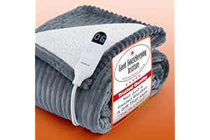 Bedsure Heated Blanket Electric Throw - Ribbed Flannel Electric Blanket, Heating with 10 Time Settings, 6 Heat Settings, Overheat Protection, 130x160cm, Striped Grey