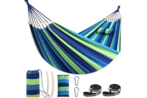 Chihee Hamac pour Support 300 x 150 cm Hamac en Coton Doux pouvant Supporter jusqu'à 300 kg Hamacs Portables pour Arbres avec Barre d'écartement Amovible Oreiller 2 Sangles Solides 2 mousquetons