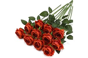 Tifuly Orange Fake Roses Artificial Flowers - 10 Pcs Fake Artificial Burnt Orange Roses Silk Flowers with Stems for Home Wedding Hotel Office Centerpiece Decor