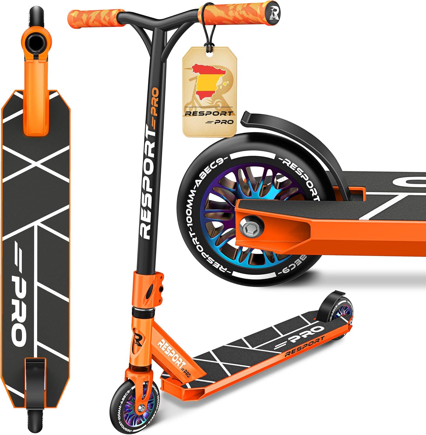 RE:SPORT Patinete de acrobacias Revo Pro para niños y adultos con soporte, patinete profesional de 110 mm, ruedas de poliuretano y barra en Y, patinete de acrobacias, patinete ABEC 9, rodamientos de