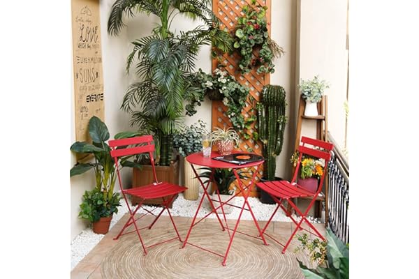 Grand patio Ensemble Table et Chaises, 2 Chaises Pliables et 1 Table Ronde, Diverses Couleurs, Salon de Jardin, Acier thermolaqué, Salon de Jardin pour Balcon, Jardin, Intérieur, Extérieur (Rouge)