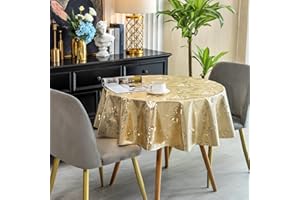 Flower Design Tablecloth, BOJVESH PVC Wipe Clean Waterproof Table Cover, Wipeable Oil-proof Spill-proof Dust-Proof Dining Table Tops for Home Kitchen Patio Party Cafe Outdoor (140 cm Round, Gold)