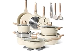 JUST PERFECTO HOUSEHOLD APPLIANCES JUST PERFECTO Batterie de cuisine induction Set de casseroles avec couvercle - Casserole tout feux - poele anti adhesive - poele sans PFOA et sans PTFE - lot avec des poêles (21 Pcs Biege)