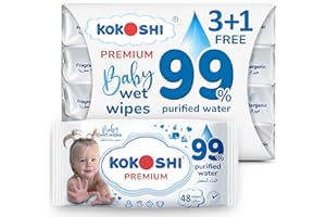 Kokoshi Baby Wet Wipes, 99% Pure Water with Vitamin E, Hypoallergenic, Alcohol & Fragrance Free, 192 Wipes (3+1 Value Pack) for Newborns & Sensitive Skin