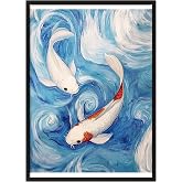 Zestia Siyah &Ccedil;er&ccedil;eveli Tablo, Koi Balıkları, Mavi Dalgalar, Japon Stil Poster No: 107335 50 x 70